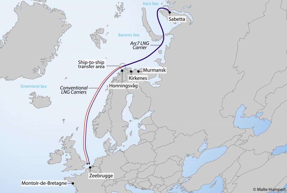 Map showing Novatek’s winter operation delivering LNG from Sabetta to Europe onboard Arc7 carriers or conventional carriers after ship-to-ship transfer off northern Norway. (Illustration: Malte Humpert) Map showing Novatek’s winter operation delivering LNG from Sabetta to Europe onboard Arc7 carriers or conventional carriers after ship-to-ship transfer off northern Norway. (Source: Author's own work)